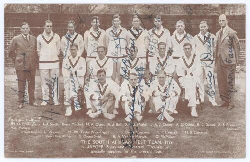 South Africa tour to England 1929. Sepia printed advertising postcard published by Jaeger of &lsquo;The South Africa Team 1929 in Jaeger Shirts and Sweaters, Trousers, etc. specially supplied for the present tour&rsquo;. Nicely signed in ink by seventeen members of t