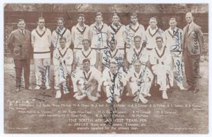 South Africa tour to England 1929. Sepia printed advertising postcard published by Jaeger of &lsquo;The South Africa Team 1929 in Jaeger Shirts and Sweaters, Trousers, etc. specially supplied for the present tour&rsquo;. Nicely signed in ink by seventeen members of t