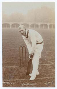 Walter A. Shalders. Griqualand West, Cape Colony, Transvaal, London County & South Africa 1897-1907. &lsquo;South African tour of England 1907&rsquo;. Excellent real photograph sepia postcard of Shalders, full length, at the wicket in batting pose at Lord&rsquo;s. E. Hawki