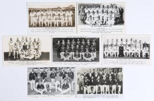 West Indies tours to England 1906-1963. Seven mono/ sepia postcards of West Indies touring teams, each with players seated and standing in rows. Includes one mono printed postcard of the 1906 team and six real photograph postcards for the tours of 1928, 1