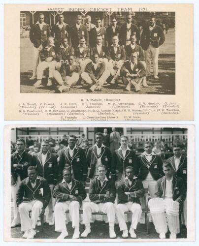 West Indies tours to England 1923 & 1939. Sepia real photograph postcard of the 1923 West Indies touring party with printed title and players&rsquo; names to margins. Players seated and standing in rows wearing cricket attire and include Austin (Captain), Nunes