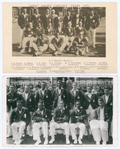 West Indies tours to England 1923 & 1939. Sepia real photograph postcard of the 1923 West Indies touring party with printed title and players&rsquo; names to margins. Players seated and standing in rows wearing cricket attire and include Austin (Captain), Nunes