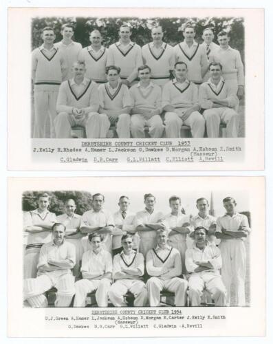 Derbyshire C.C.C. 1953 & 1954. Two mono real photograph plain back postcards of the Derbyshire teams of 1953 and 1954, both with printed title and players&rsquo; names, with official stamp to verso for A. Wilkes & Son, West Bromwich. Players featured include Wi