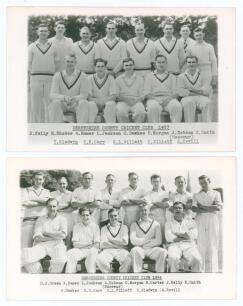 Derbyshire C.C.C. 1953 & 1954. Two mono real photograph plain back postcards of the Derbyshire teams of 1953 and 1954, both with printed title and players&rsquo; names, with official stamp to verso for A. Wilkes & Son, West Bromwich. Players featured include Wi