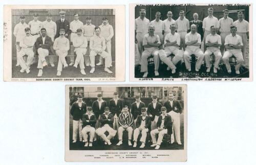 Derbyshire C.C.C. 1904-1946. One early mono postcard of the Derbyshire team of 1904 by B.&H. of Derby. Postmarked 17th July 1905. Also two mono real photograph postcards, one of the 1935 team, publisher unknown, the other of the 1946 team with official st