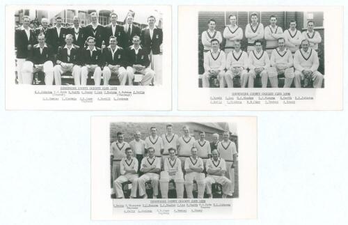 Derbyshire C.C.C. 1955-1959. Three mono real photograph postcards (one plain back) of the Derbyshire teams of 1955, 1958 and 1959, all three with printed title and players&rsquo; names, each with official stamp to verso for A. Wilkes & Son, West Bromwich. Playe