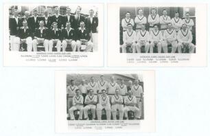 Derbyshire C.C.C. 1955-1959. Three mono real photograph postcards (one plain back) of the Derbyshire teams of 1955, 1958 and 1959, all three with printed title and players&rsquo; names, each with official stamp to verso for A. Wilkes & Son, West Bromwich. Playe
