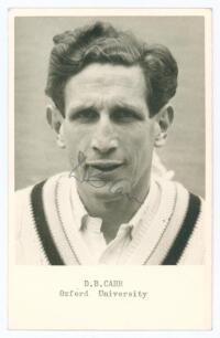 Donald Bryce Carr. Derbyshire, Oxford University & England 1946-1963. Mono real photograph plain back postcard of Carr, head and shoulders wearing cricket attire. Nicely signed in black ink to the photograph, &lsquo;D.B. Carr&rsquo;. Typed title &lsquo;D.B. Carr, Oxford Un