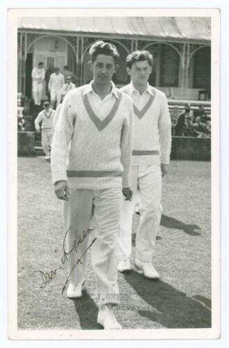 David John Green. Derbyshire & Cambridge University 1953-1960. Mono real photograph plain back postcard of Green entering the field of play for Cambridge University followed by Roger Prideaux. Nicely signed in black ink to the photograph, &lsquo;David Green&rsquo;. T