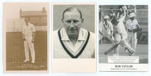 Derbyshire C.C.C. Two postcards and one collectors&rsquo; card of Derbyshire players. Includes an early sepia real photograph postcard of Archie Slater (Derbyshire 1911-1931), standing full length at the wicket holding a ball. Titled &lsquo;A.G. Slater, Pro. Bacup Cr