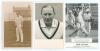 Derbyshire C.C.C. Two postcards and one collectors&rsquo; card of Derbyshire players. Includes an early sepia real photograph postcard of Archie Slater (Derbyshire 1911-1931), standing full length at the wicket holding a ball. Titled &lsquo;A.G. Slater, Pro. Bacup Cr