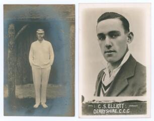 Derbyshire C.C.C. Arthur Morton (Derbyshire 1903-1926) and Charles Standish Elliott (Derbyshire 1932-1953). Two mono real photograph postcards, one of Morton standing full length in cricket attire, pipe in mouth, in front of a rustic pavilion (publisher u