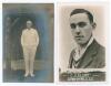 Derbyshire C.C.C. Arthur Morton (Derbyshire 1903-1926) and Charles Standish Elliott (Derbyshire 1932-1953). Two mono real photograph postcards, one of Morton standing full length in cricket attire, pipe in mouth, in front of a rustic pavilion (publisher u