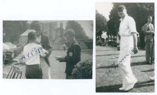 Derbyshire C.C.C. Alfred Vardy Pope (Derbyshire 1930-1939) and Arthur Frederick Townsend (Derbyshire 1934-1950). Two mono candid style real photograph postcards. One depicts Pope signing autographs for boys, the other Townsend entering the field of play w
