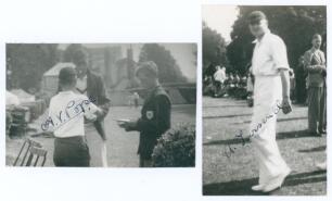 Derbyshire C.C.C. Alfred Vardy Pope (Derbyshire 1930-1939) and Arthur Frederick Townsend (Derbyshire 1934-1950). Two mono candid style real photograph postcards. One depicts Pope signing autographs for boys, the other Townsend entering the field of play w