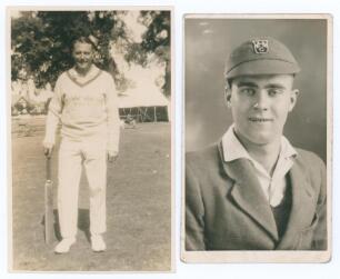 Derbyshire C.C.C. Edwin Smith (Derbyshire 1951-1971) and Frederick Eric Marsh (Derbyshire 1946-1949). Two mono real photograph postcards. One depicts Smith standing full length in cricket attire, leaning on a bat, the other a plain back studio portrait po