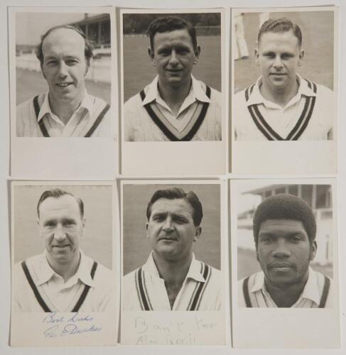 Derbyshire C.C.C. 1950s-1970s. Six similar real photograph player portrait postcards of Derbyshire players, each depicted head and shoulders wearing cricket attire. Players include George Owen Dawkes (Leicestershire & Derbyshire 1937-1961), signed to the 