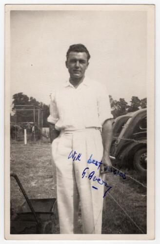 Alfred Victor &lsquo;Sonny&rsquo; Avery. Essex 1935-1954. Mono real photograph candid style plain back postcard of Avery standing three quarter length in cricket attire. Signed in blue ink to the photograph &lsquo;S. Avery&rsquo;. Photographer unknown. Postally unused. Good/ ver