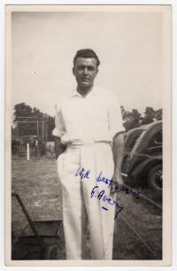 Alfred Victor &lsquo;Sonny&rsquo; Avery. Essex 1935-1954. Mono real photograph candid style plain back postcard of Avery standing three quarter length in cricket attire. Signed in blue ink to the photograph &lsquo;S. Avery&rsquo;. Photographer unknown. Postally unused. Good/ ver