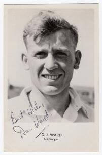 Donald John &lsquo;Don&rsquo; Ward. Glamorgan 1954-1962. Mono real photograph postcard of Ward, head and shoulders wearing cricket attire. Nicely signed in blue biro to the photograph &lsquo;Best wishes, Don Ward&rsquo;. Sporting Handbooks Ltd., London. Postally unused. Minor mo