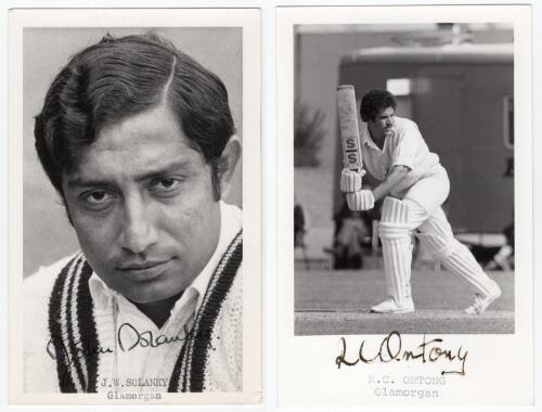 John Solanky and Rodney Ontong, Glamorgan. Two mono real photograph plain back postcards of John William Solanky. Glamorgan 1972-1976 and Rodney Craig Ontong. Border, Glamorgan, Transvaal etc. 1972-1995, both head and shoulders wearing cricket attire, sig