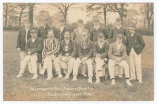 Gloucestershire C.C.C. c.1907. Early sepia real photograph postcard of the Gloucestershire team seated and standing in rows wearing assorted blazers and caps. Title to lower edge &lsquo;Gloucestershire [sic] Trial Match at Moreton. The Gloucester [sic] County T