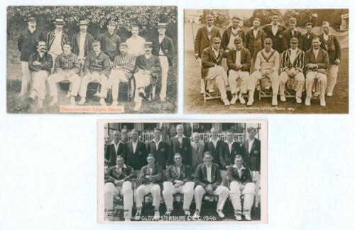 Gloucestershire C.C.C. 1905-1946. Three mono/ sepia postcards of Gloucestershire teams. One, a mono printed postcard, titled &lsquo;Gloucestershire Cricket Eleven&rsquo;, postmarked 1905, published by Clarke of Gloucester. The others are real photographs, one of the 