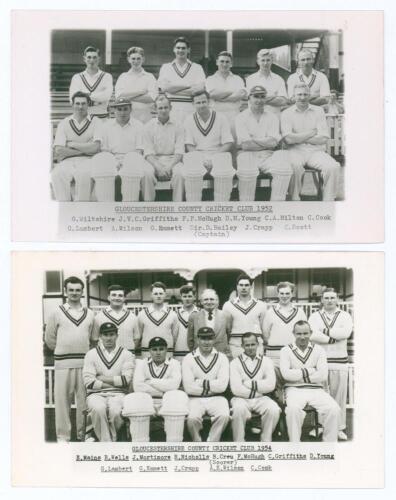 Gloucestershire C.C.C. 1952 & 1954. Two mono plain back postcards of the Gloucestershire teams of 1952 and 1954, the players seated and standing in rows wearing cricket attire. Printed title and players&rsquo; names to lower border. Both with official stamp to 