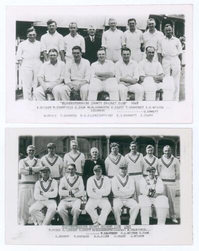 Gloucestershire C.C.C. 1948 & 1949. Two mono plain back postcards of the Gloucestershire teams of 1948 and 1949, the players seated and standing in rows wearing cricket attire. Printed title and players&rsquo; names to lower border. Both with official stamp to 