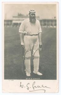 William Gilbert Grace. Gloucestershire & England 1865-1908. Rare and early mono real photograph postcard of Grace standing full length on the outfield at Trent Bridge, wearing batting attire and M.C.C. hooped cap, leaning on his bat. Very nicely signed in