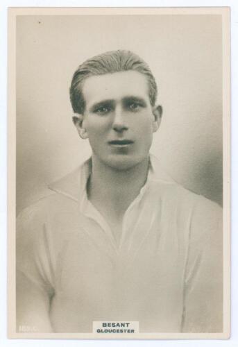 John George William Thomas Bessant. Gloucestershire 1921-1928. Phillips &lsquo;Pinnace&rsquo; premium issue cabinet size mono real photograph plain back trade card of Bessant, half length in cricket attire. No. 189.C. Incorrectly titled &lsquo;Bessant, Gloucester&rsquo;. 4&rdquo;x6&rdquo;. 