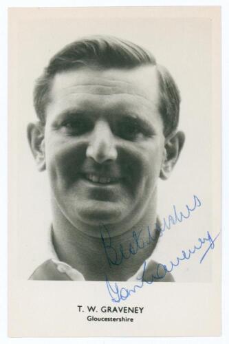 Thomas William &lsquo;Tom&rsquo; Graveney. Gloucestershire, Worcestershire, Queensland & England 1948-1972. Mono real photograph postcard of Graveney, head and shoulders wearing cricket attire. Nicely signed in blue biro to the photograph &lsquo;Best wishes, Tom Graveney&rsquo;.