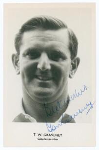 Thomas William &lsquo;Tom&rsquo; Graveney. Gloucestershire, Worcestershire, Queensland & England 1948-1972. Mono real photograph postcard of Graveney, head and shoulders wearing cricket attire. Nicely signed in blue biro to the photograph &lsquo;Best wishes, Tom Graveney&rsquo;.