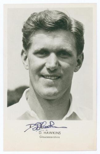 Derek Graham Hawkins. Gloucestershire 1952-1962. Mono real photograph postcard of Hawkins, head and shoulders wearing cricket attire. Nicely signed in blue ink to the photograph &lsquo;D.G. Hawkins&rsquo;. Sporting Handbooks Ltd., London. Postally unused. Very good c