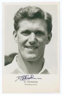 Derek Graham Hawkins. Gloucestershire 1952-1962. Mono real photograph postcard of Hawkins, head and shoulders wearing cricket attire. Nicely signed in blue ink to the photograph &lsquo;D.G. Hawkins&rsquo;. Sporting Handbooks Ltd., London. Postally unused. Very good c