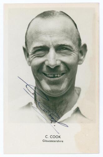 Cecil &lsquo;Sam&rsquo; Cook. Gloucestershire & England 1946-1964. Mono real photograph postcard of Cook, head and shoulders wearing cricket attire. Nicely signed in blue ink to the photograph &lsquo;C. Cook&rsquo;. Sporting Handbooks Ltd., London. Postally unused. Some staining