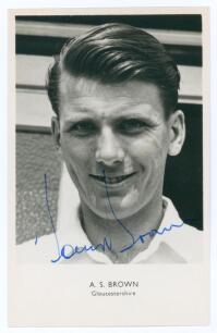 Anthony Stephen &lsquo;Tony&rsquo; Brown. Gloucestershire 1953-1976. Mono real photograph postcard of Brown, head and shoulders wearing cricket attire. Nicely signed in blue ink to the photograph &lsquo;Tony Brown&rsquo;. Sporting Handbooks Ltd., London. Postally unused. Very go