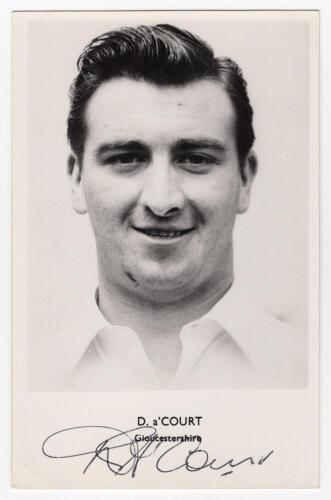 Dennis George A&rsquo;Court. Gloucestershire 1960-1963. Mono real photograph plain back postcard of A&rsquo;Court, head and shoulders wearing cricket attire. Nicely signed in black ink to the lower margin &lsquo;D. A&rsquo;Court&rsquo;, printed title below. Publisher unknown. Postally