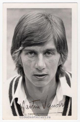 Martin Jeffery Vernon. Middlesex & Gloucestershire 1974-1976. Rarer mono real photograph plain back postcard of Vernon, head and shoulders wearing cricket attire. Signed in black ink to the lower margin &lsquo;Martin Vernon&rsquo;, typed title below. Photograph by Bi