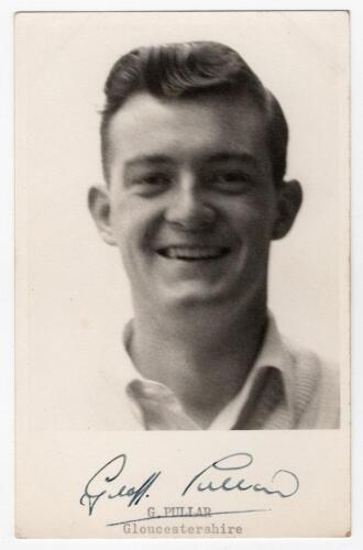 Geoffrey &lsquo;Geoff&rsquo; Pullar. Lancashire, Gloucestershire & England 1954-1969. Mono real photograph plain back postcard of Pullar, head and shoulders wearing cricket attire. Nicely signed in black ink to the lower margin &lsquo;Geoff Pullar&rsquo;, typed title below. Publ