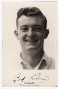 Geoffrey &lsquo;Geoff&rsquo; Pullar. Lancashire, Gloucestershire & England 1954-1969. Mono real photograph plain back postcard of Pullar, head and shoulders wearing cricket attire. Nicely signed in black ink to the lower margin &lsquo;Geoff Pullar&rsquo;, typed title below. Publ