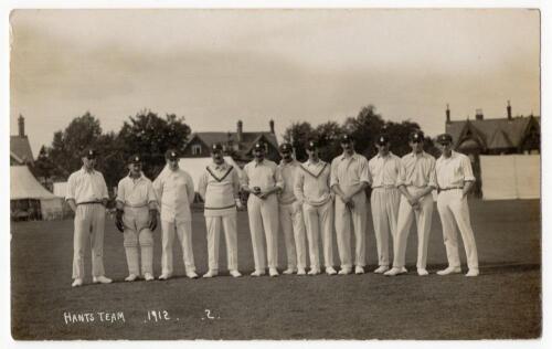Hampshire C.C.C. 1912. Mono real photograph postcard of the Hampshire team, taken at Bournemouth, for the match Hampshire v Warwickshire, 29th to 31st August 1912. Bournemouth View Co Ltd. A rarer postcard. G/VG