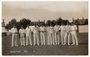 Hampshire C.C.C. 1912. Mono real photograph postcard of the Hampshire team, taken at Bournemouth, for the match Hampshire v Warwickshire, 29th to 31st August 1912. Bournemouth View Co Ltd. A rarer postcard. G/VG