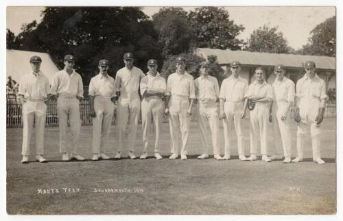 Hampshire C.C.C. 1914. Mono real photograph postcard of the Hampshire team, taken at Bournemouth, believed to be the team for the matches v Lancashire, Essex and Kent, 24th August to 2nd September 1914. Bournemouth View Co Ltd. A rarer postcard. G/VG