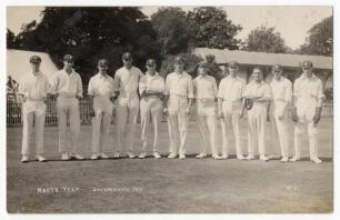 Hampshire C.C.C. 1914. Mono real photograph postcard of the Hampshire team, taken at Bournemouth, believed to be the team for the matches v Lancashire, Essex and Kent, 24th August to 2nd September 1914. Bournemouth View Co Ltd. A rarer postcard. G/VG
