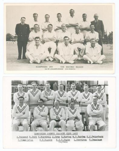 Hampshire C.C.C. 1955. Two original mono real photograph postcards of the Hampshire team of the 1955 season, both with players seated and standing in rows wearing cricket attire. One with printed title &lsquo;Hampshire 1955. The Record Season. 3rd in Championsh