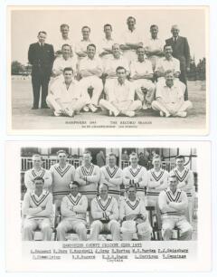 Hampshire C.C.C. 1955. Two original mono real photograph postcards of the Hampshire team of the 1955 season, both with players seated and standing in rows wearing cricket attire. One with printed title &lsquo;Hampshire 1955. The Record Season. 3rd in Championsh