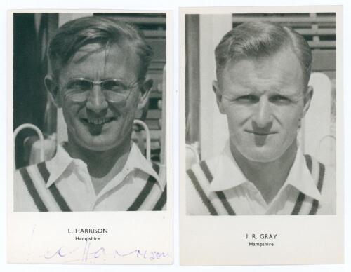 Hampshire C.C.C. Two player portrait real photograph postcards published by Sporting Handbooks, London, with player&rsquo;s name printed to lower border. Players featured are Leo Harrison (Hampshire 1939-1966), signed by Harrison to the lower border (fading to 
