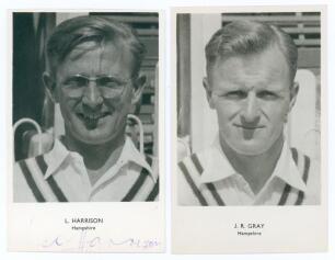 Hampshire C.C.C. Two player portrait real photograph postcards published by Sporting Handbooks, London, with player&rsquo;s name printed to lower border. Players featured are Leo Harrison (Hampshire 1939-1966), signed by Harrison to the lower border (fading to 