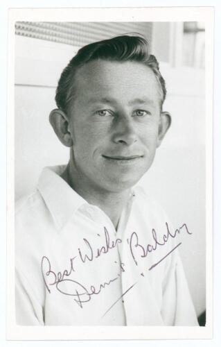 Dennis Oliver Baldry. Middlesex & Hampshire 1953-1962. Mono real photograph plain back postcard of Baldry, head and shoulders wearing cricket attire. Nicely signed in black biro by Baldry. Official stamp for A. Wilkes & Son, West Bromwich to verso. Very g
